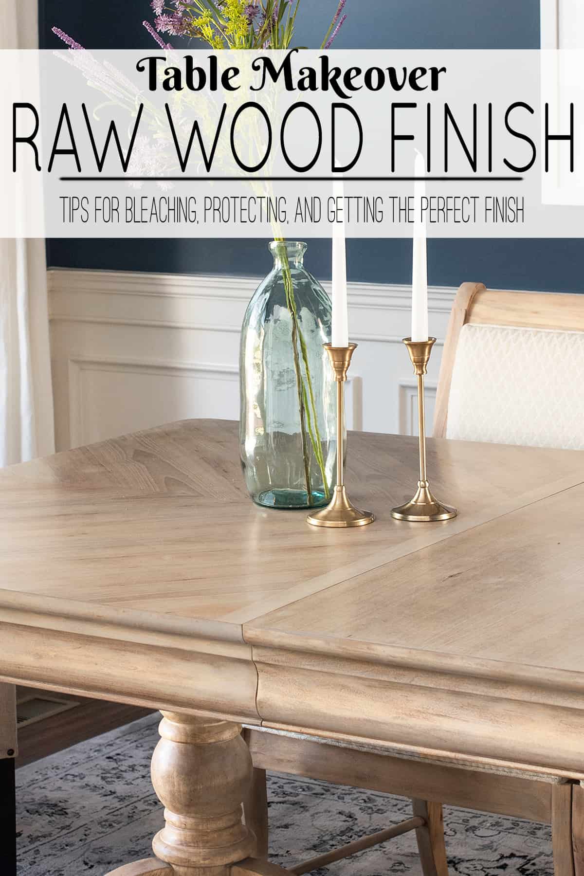 Raw Wood Table Makeover. Photo of natural finish dining room table with two brass candlesticks and glass bud vase at center.