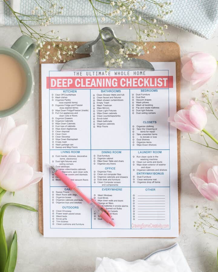 Deep cleaning checklist for the home printable on a clipboard.