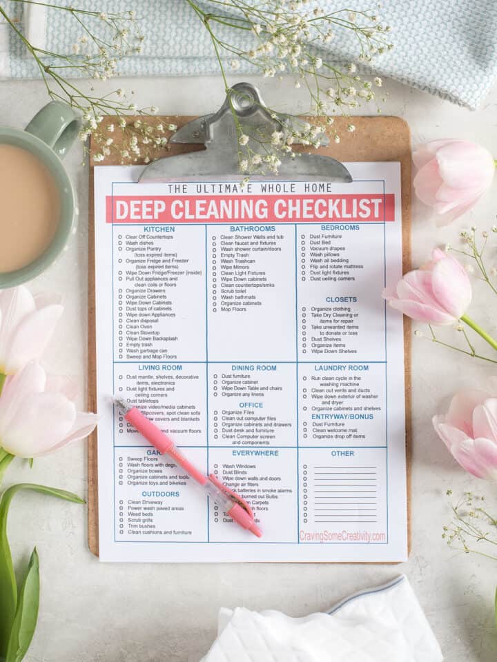 Deep cleaning checklist for the home printable on a clipboard.