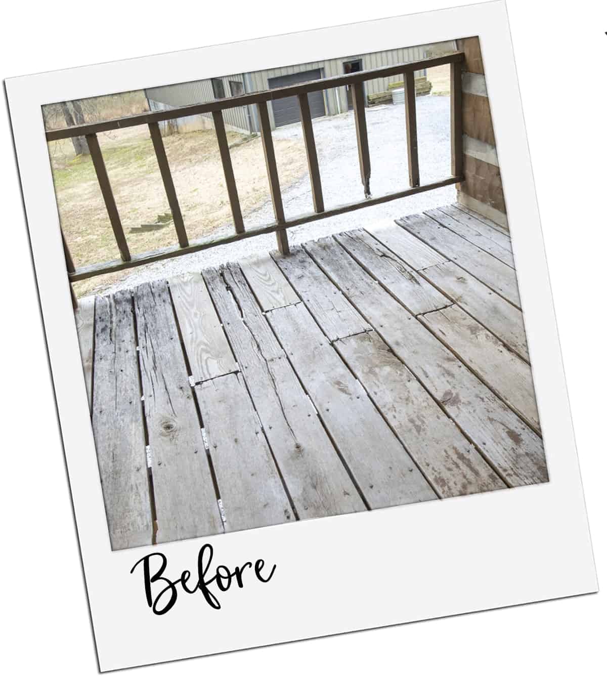 Polaroid frame of a rotted and cracked deck before replacing and staining.