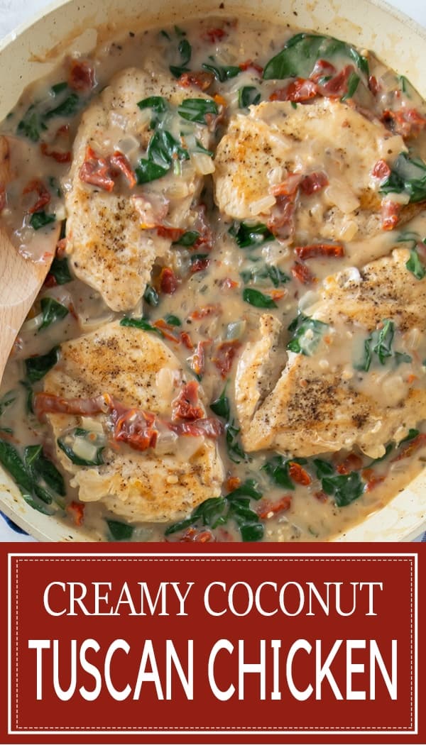 Tuscan Chicken Recipe with chicken, sun dried tomatoes, spinach and a creamy garlic sauce. Wooden spoon gently stirring.