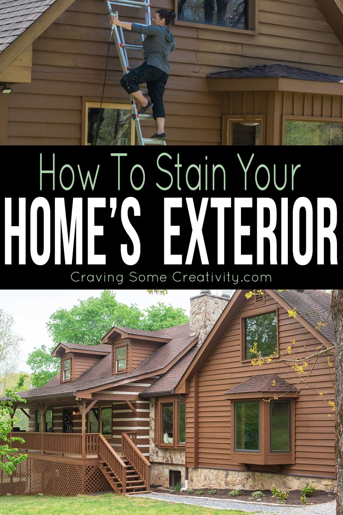 Woman on ladder with paint sprayer to stain the exterior of log cabin style home.