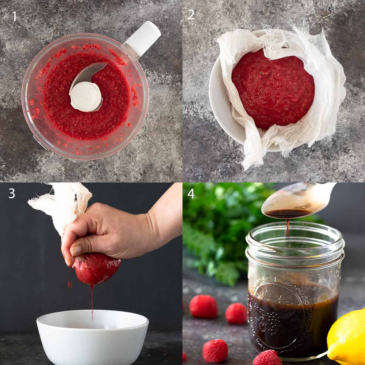 Making Raspberry Vinaigrette dressing step by step including pureeing and straining the raspberries and ixing ingredients.