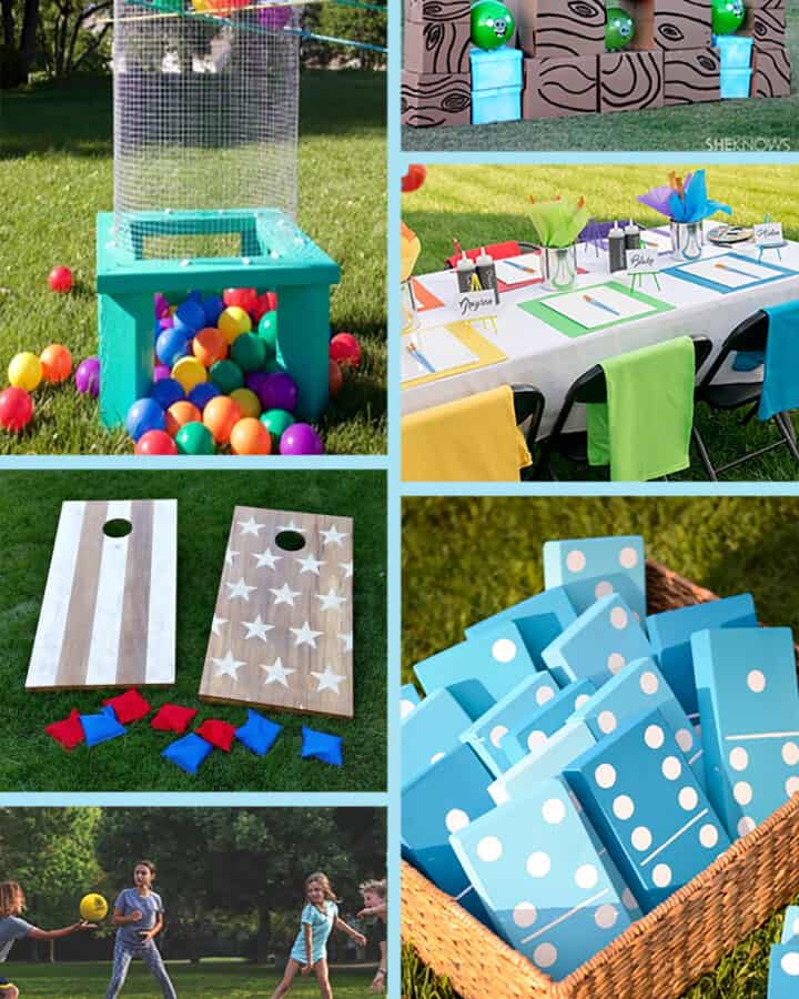 Collage of outdoor games for kids and adults.