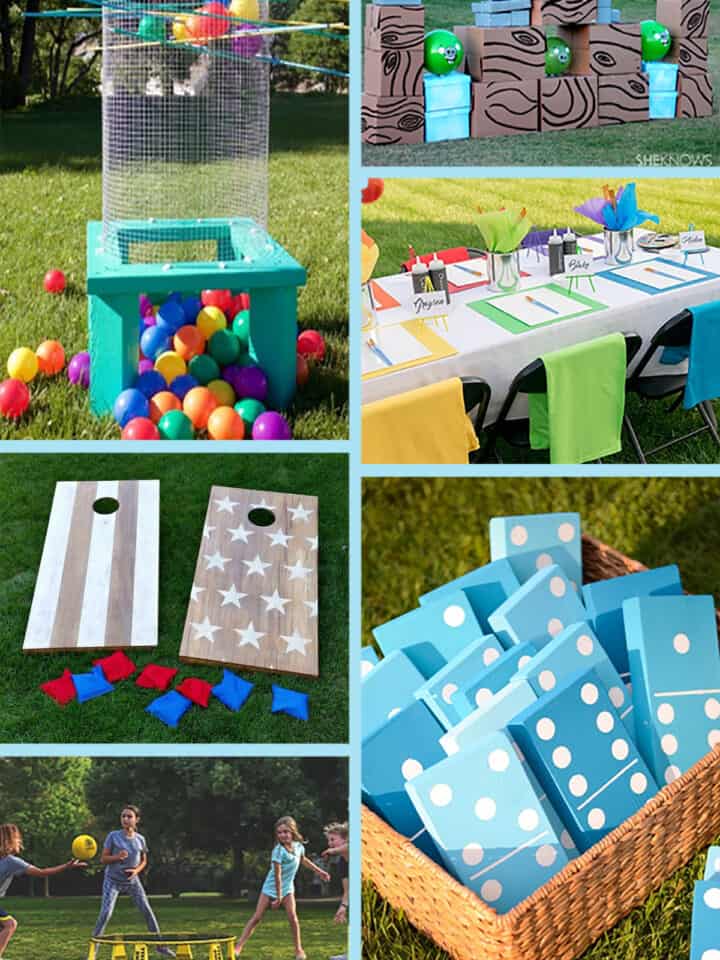 Collage of outdoor games for kids and adults.