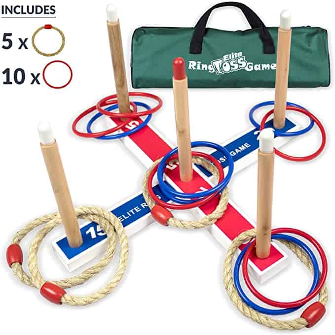 Elite ring toss game setup with carrying case.
