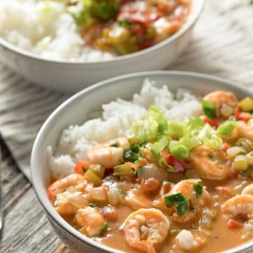 Two generous bowls of Cajun shrimp etouffee served over white rice with sliced green onions.