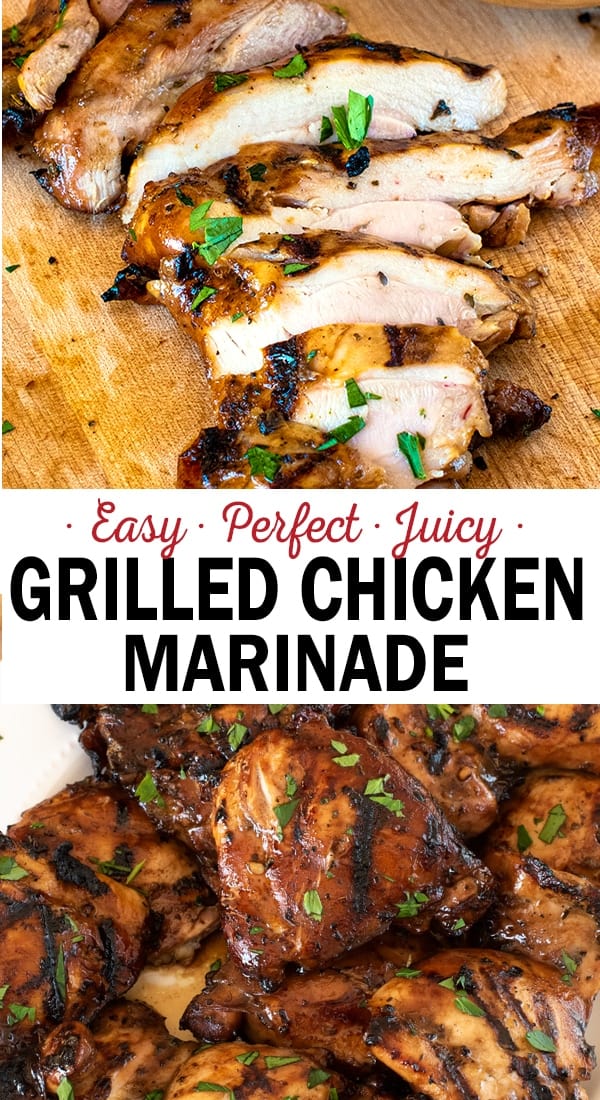 The best grilled chicken marinade. Pictures of chicken thigh cut up against cutting board and chicken thighs with marinade.