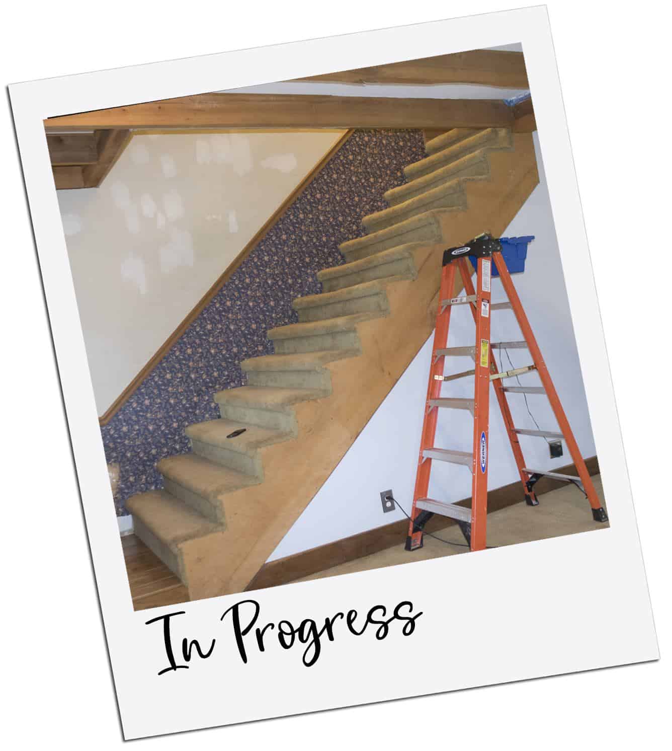 Carpeted open staircase with a ladder standing next to it.
