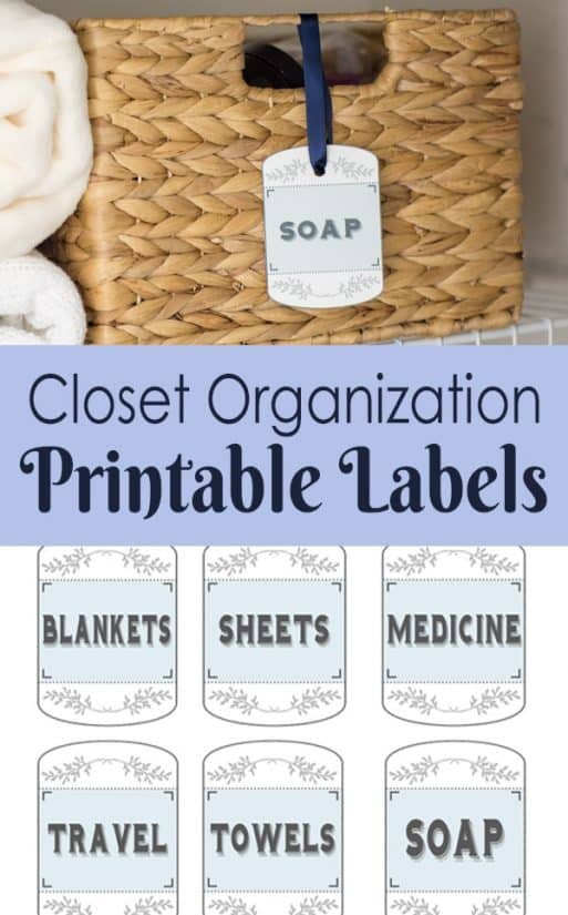 Printable closet labels on baskets with post title.