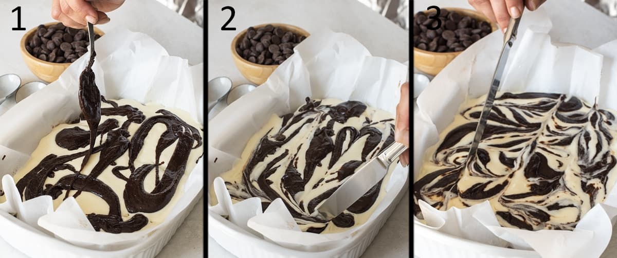 Step by step of how to marble brownies with brownie batter and cream cheese