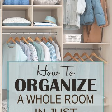 An organized closet with blue clothes and title that reads how to organize a room in one day.