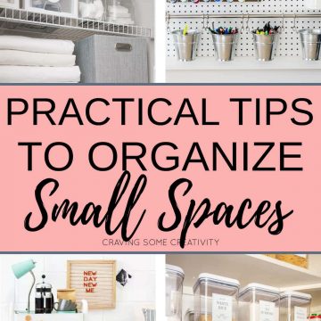 Small space organization collage showing a linen closet, office, small bedroom, and pantry storage ideas.