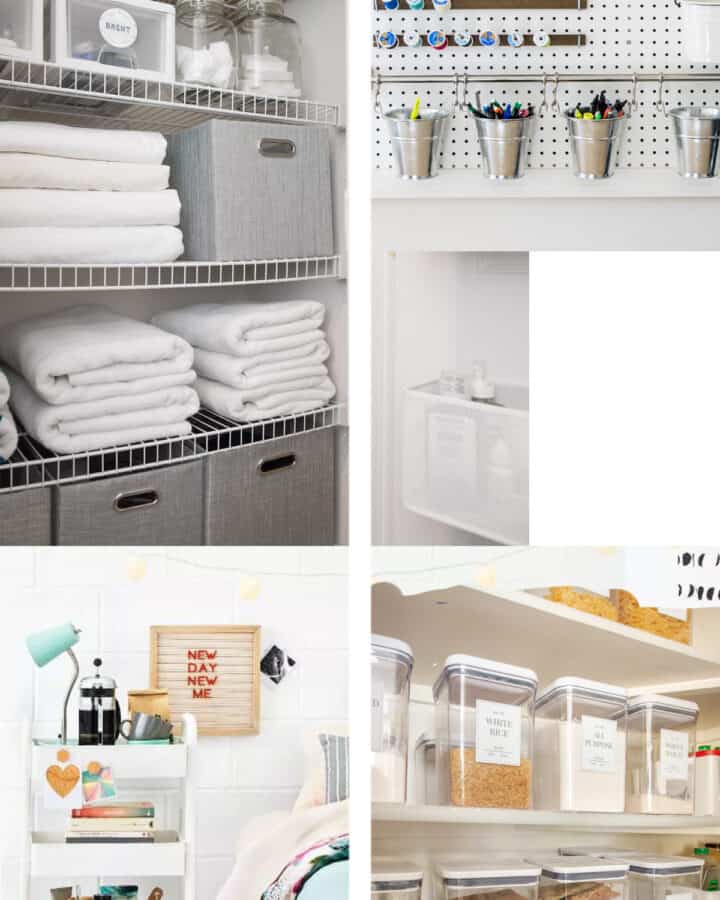 Collage of organized spaces with practical Tips to organize small rooms title overlay.