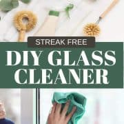 Collage of woman cleaning windows and window cleaning products with post title of DIY glass cleaner.