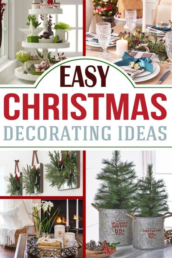 Collage of easy Christmas decorating ideas including potted trees, Christmas table, and wreaths.