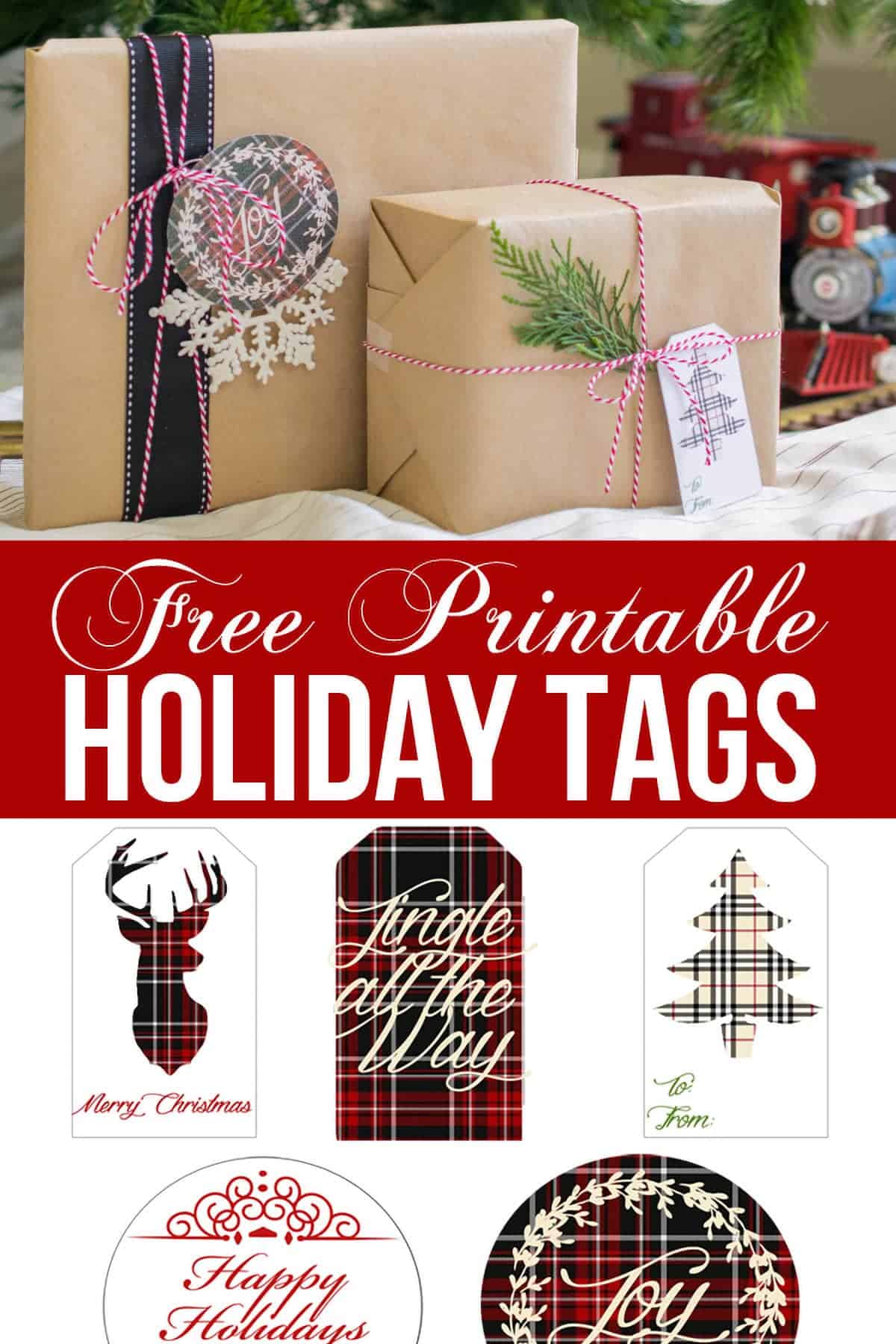 Packages covered with free printable gift tags and example tags