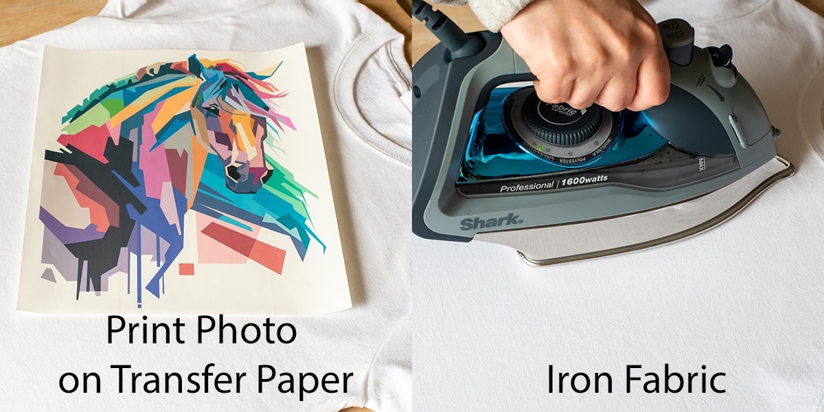 Collage of horse head printed on transfer paper and prepping the fabric with an iron for transferring the photo. 