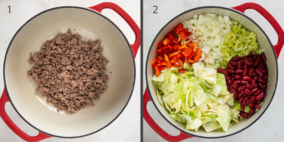 Collage of photos showing steps to making cabbage beef soup including browning beef and adding vegetables.