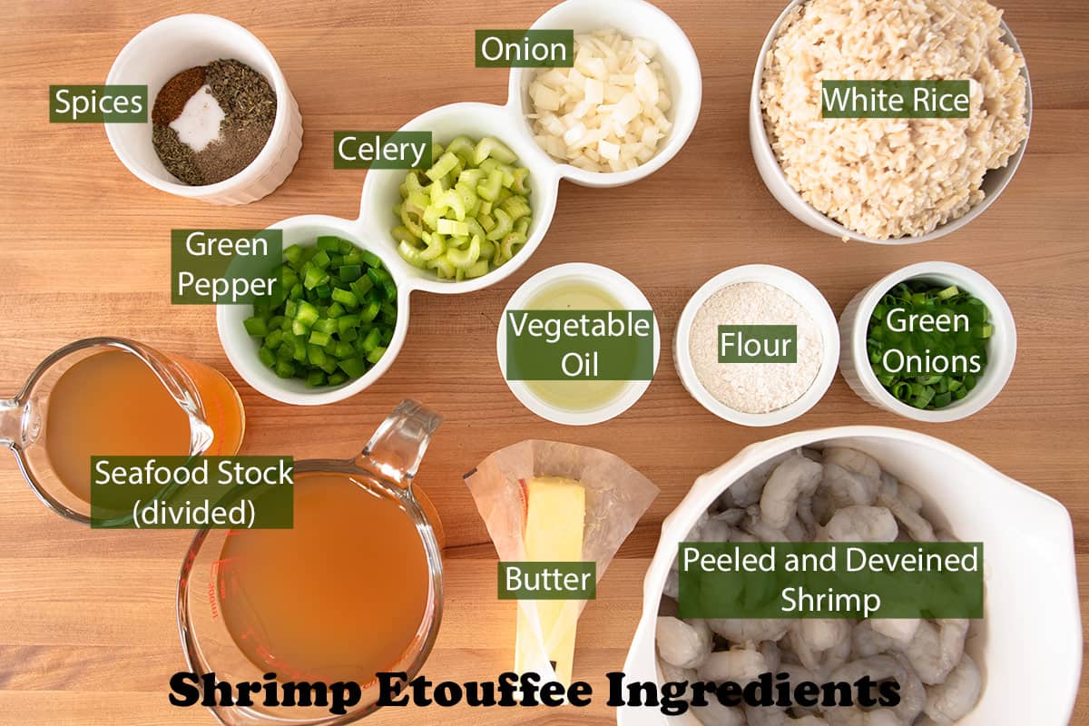 Shrimp Etouffee Ingredients with text labels laid out on a table.
