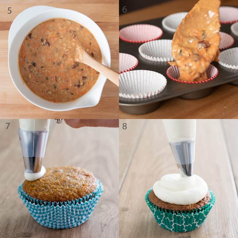 Steps 5-8 of making carrot cake cupcakes including putting batter in pan and frosting the cupcakes.