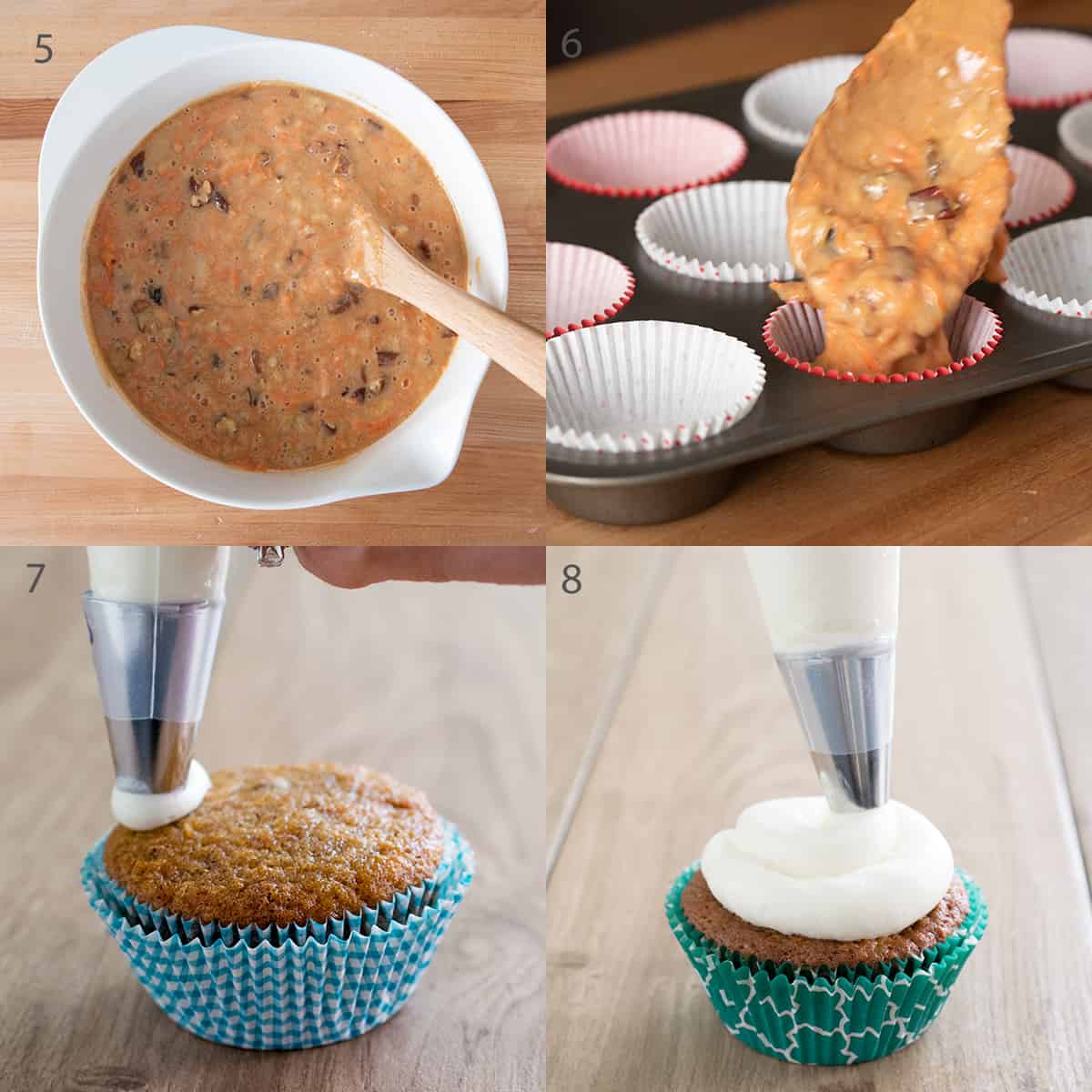 Steps to make carrot cake cupcakes including putting batter in pan and frosting the cupcakes.