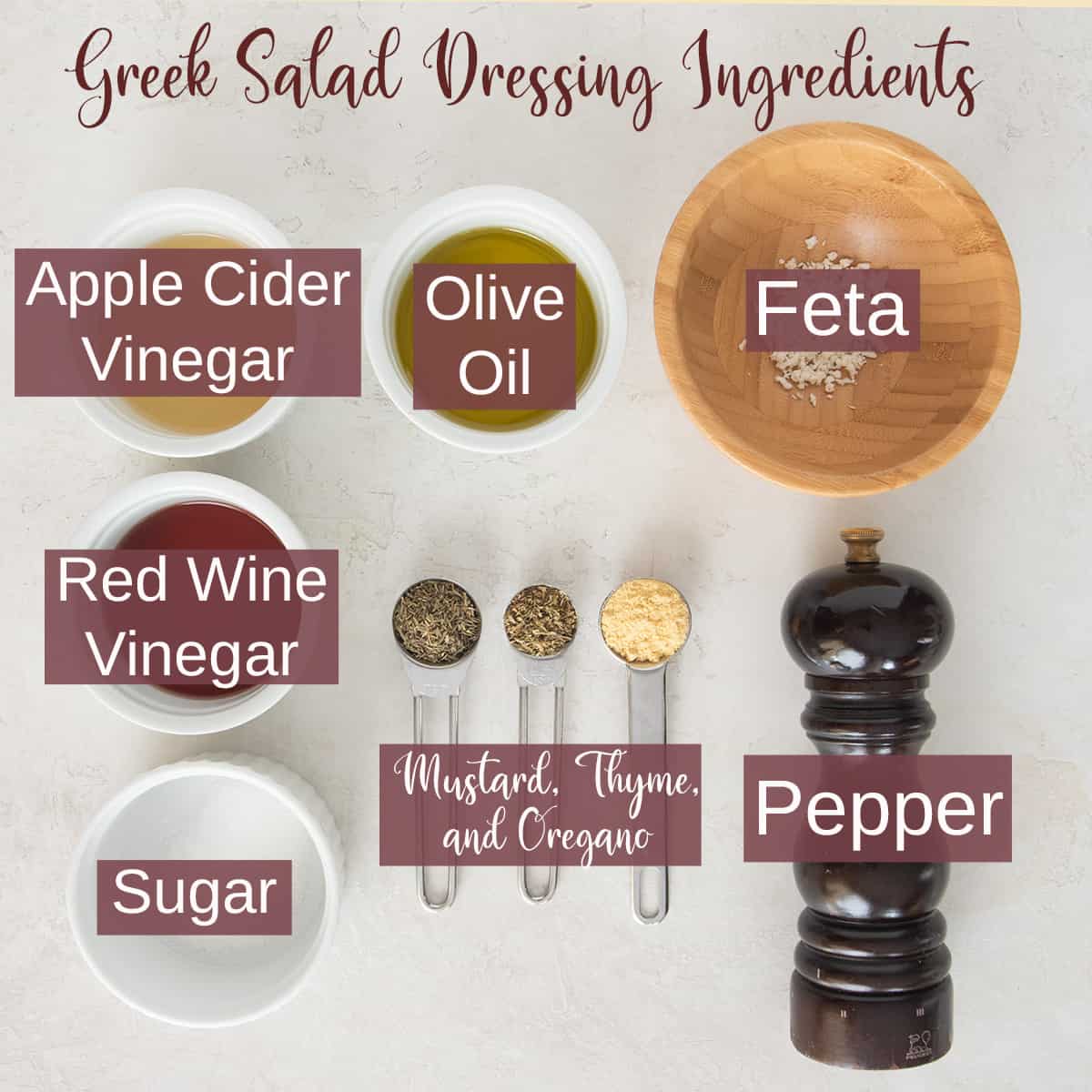 Greek dressing ingredients for marinade and salads with text labels.