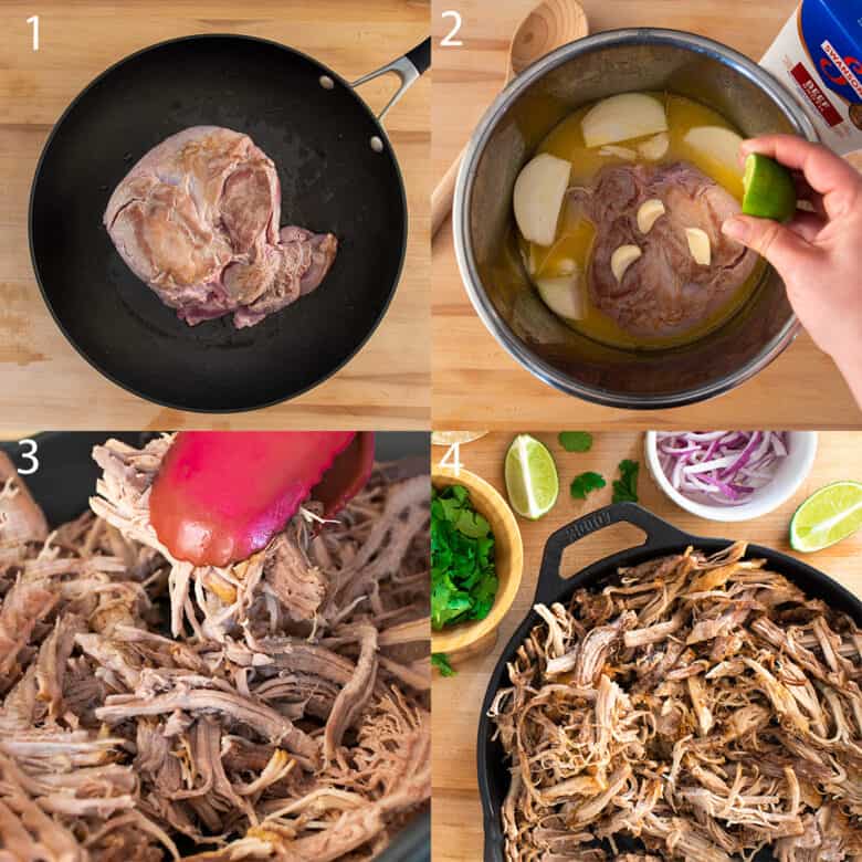 Collabge of steps to make carnitas recipe from searing the meat to shredded pork.