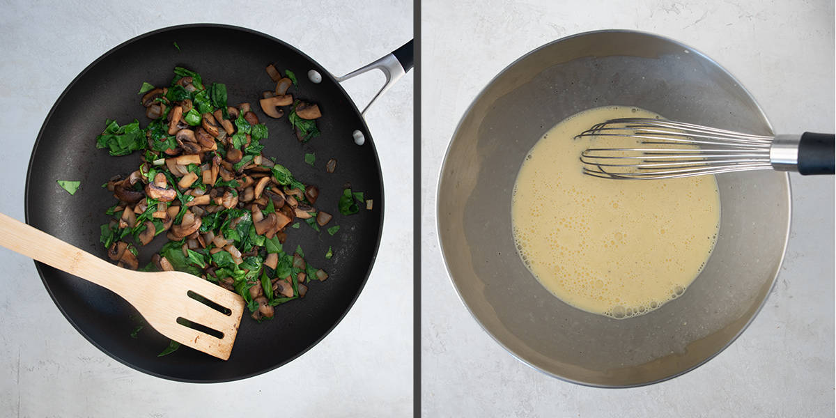 Collage of steps to make quiche including pre-cooking vegetables and whisking the egg custard.