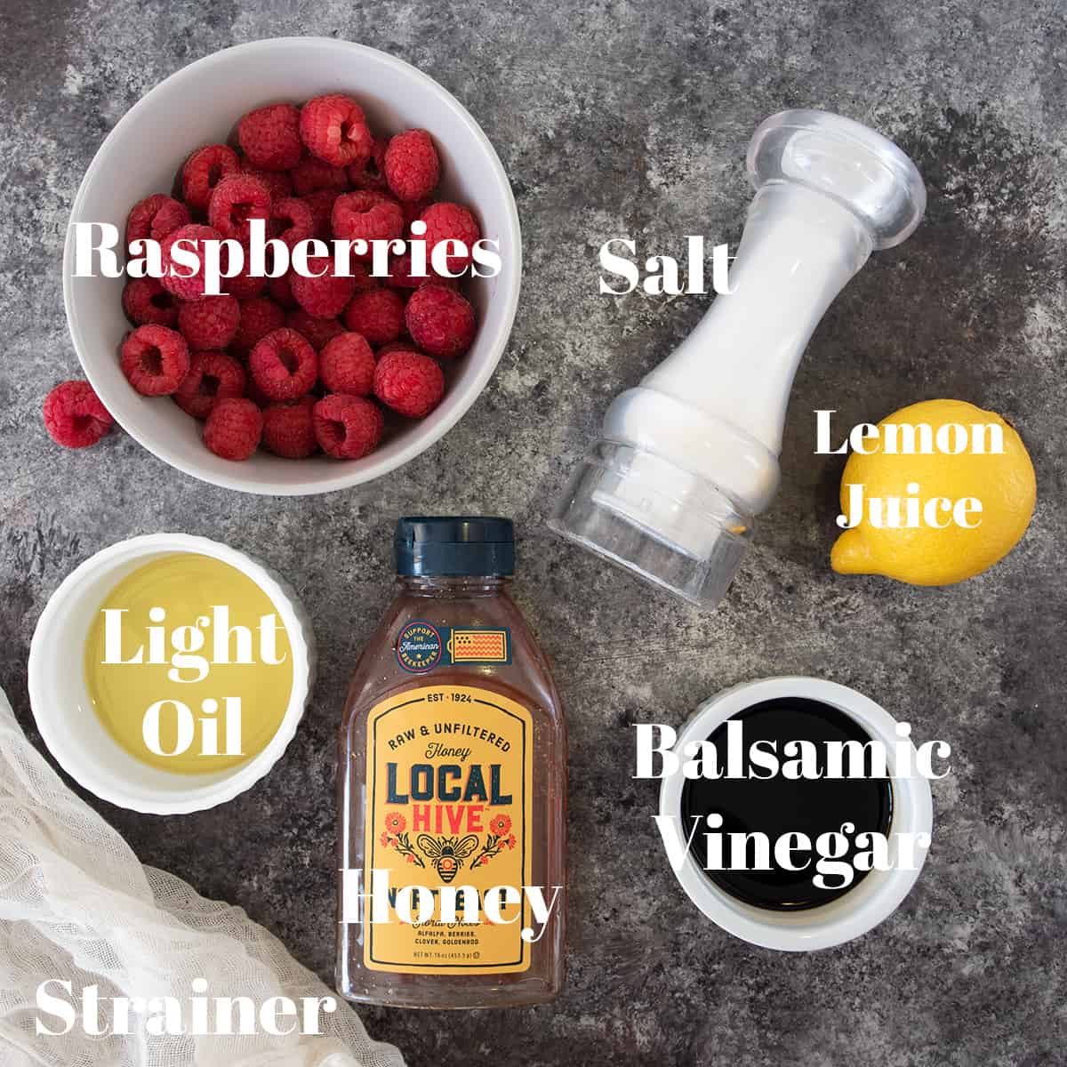Raspberry vinaigrette dressing ingredients with text labels