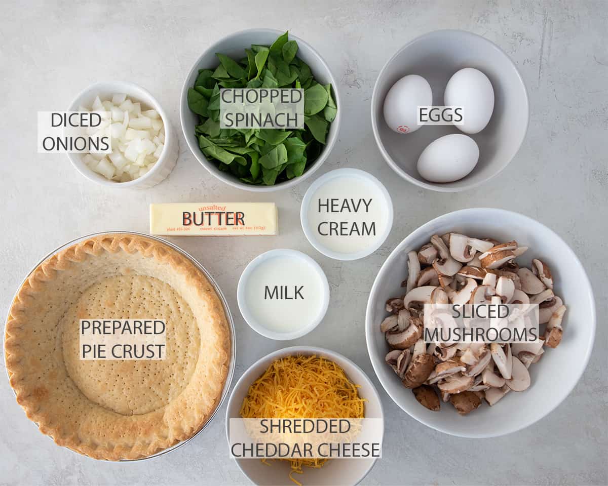 Layout of quiche recipe ingredients with text labels.