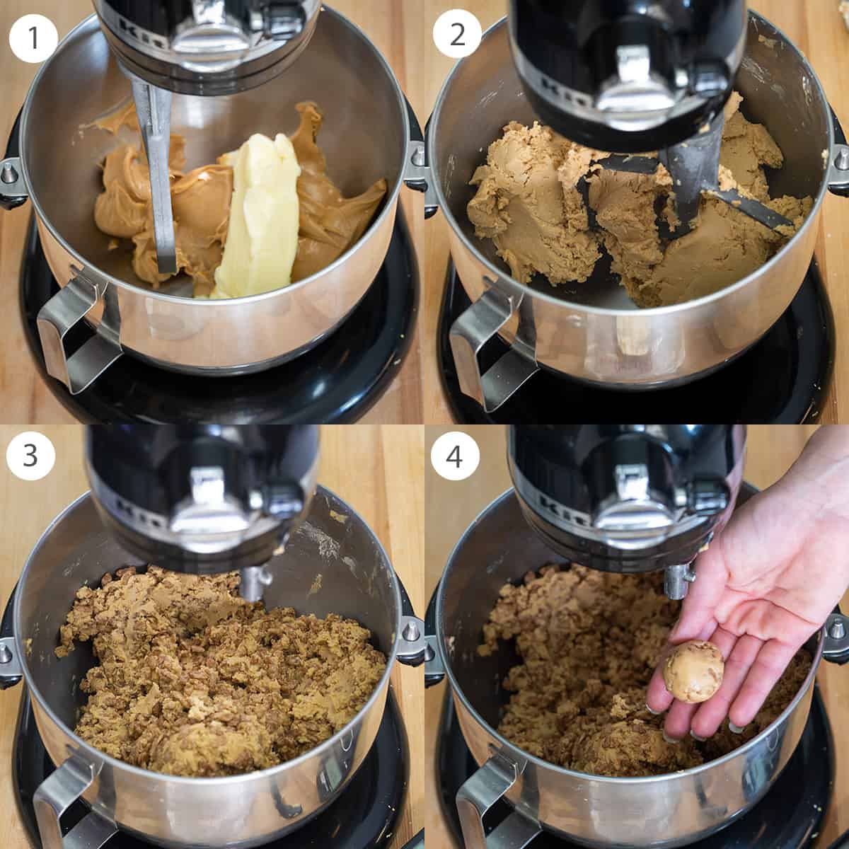 Steps for making peanut butter ball dough including mixing and rolling the balls.