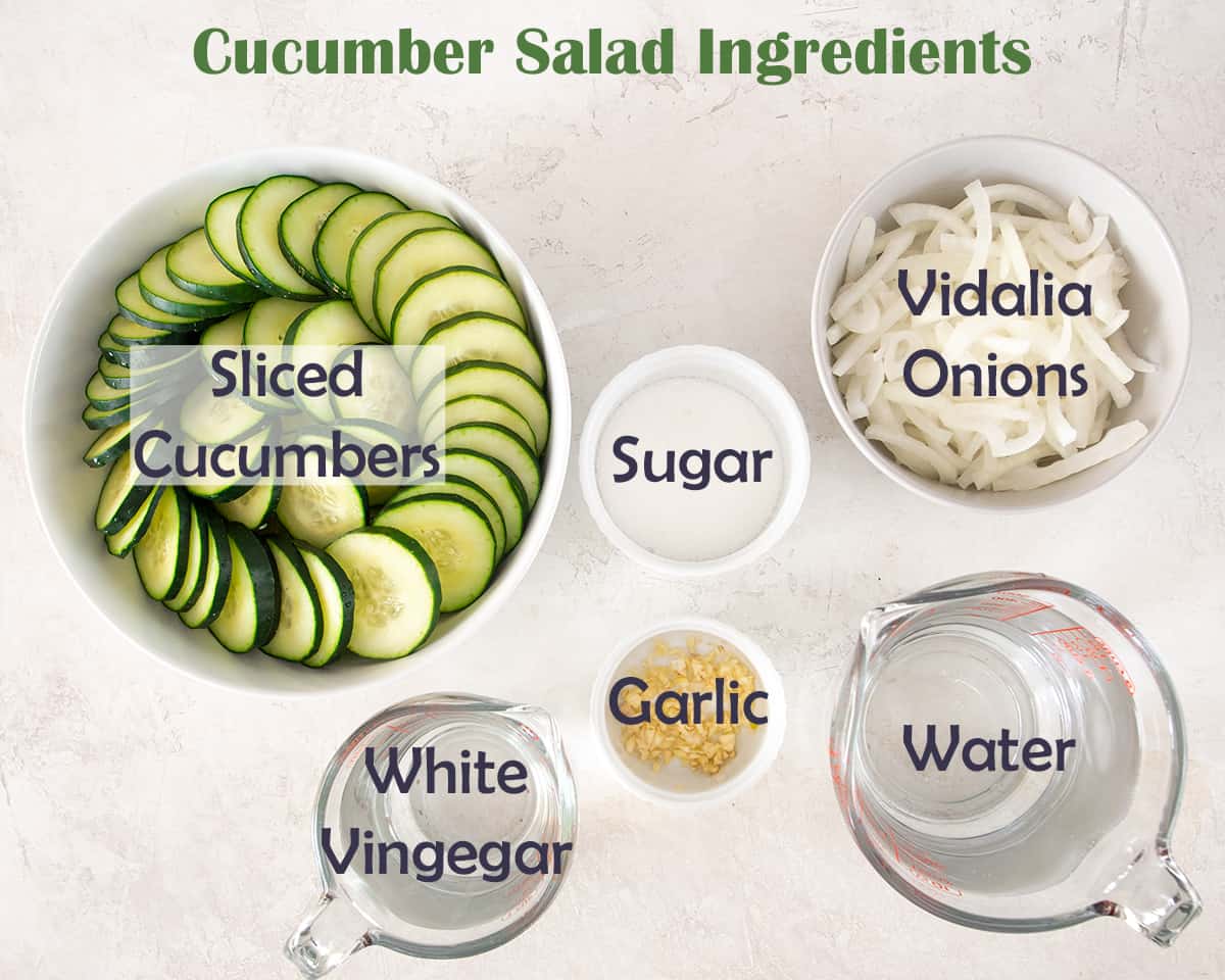 Ingredients for Cucumber and Onion Salad in Vinegar with text labels.