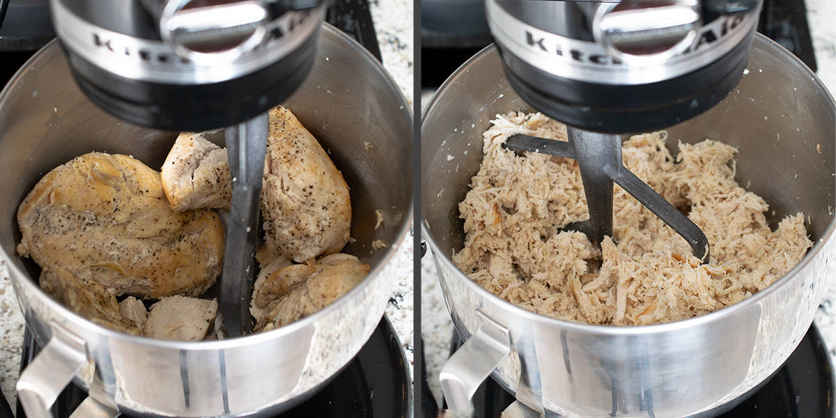 A side by side of shredding chicken in a stand mixer.