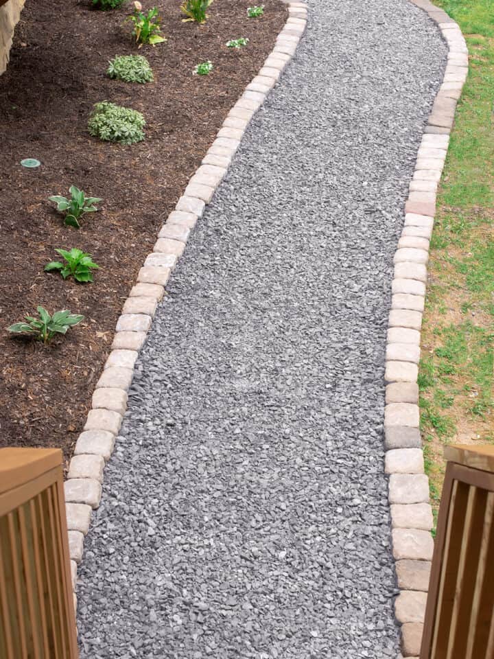 Gravel walkway path with stones on each side from a staircase.