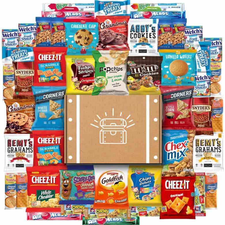 Collage of 50 snacks for a gift basket for men.
