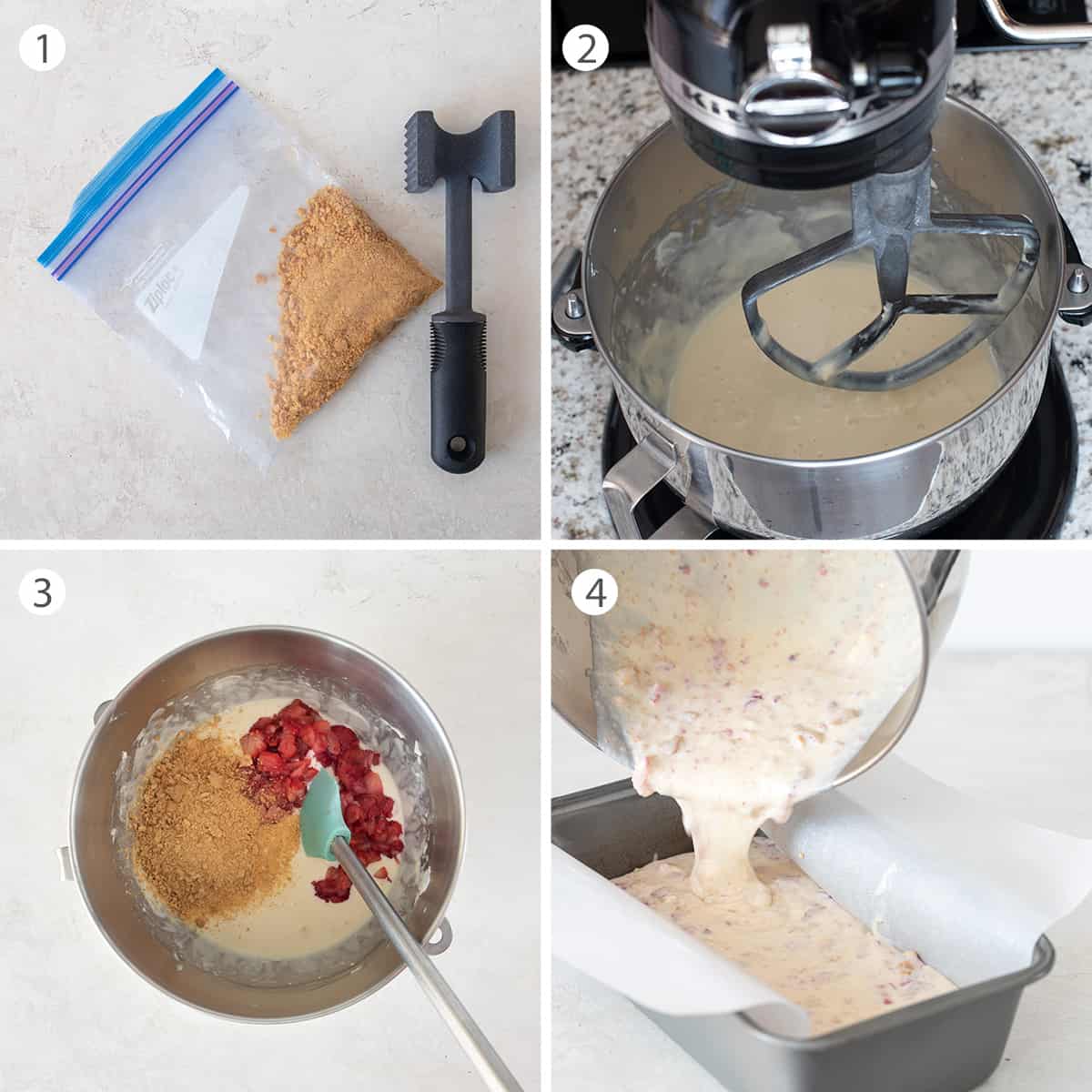 Collage of instructions for making no churn ice cream including crushed graham crackers, ingredients in the mixer, and pouring the ice cream for freezing.