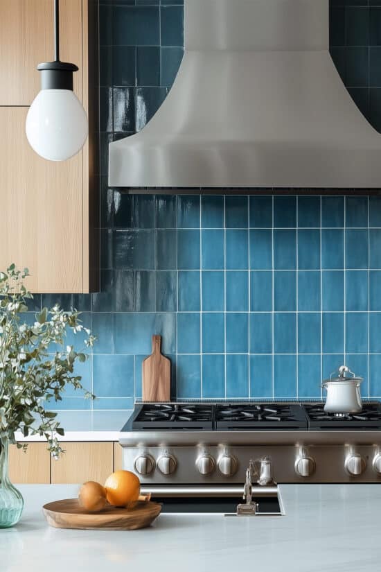 A stove with colorful stacked vertical teal tile backsplash.