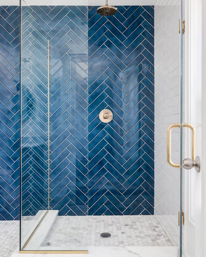 Blue herringbone shower wall focal point.