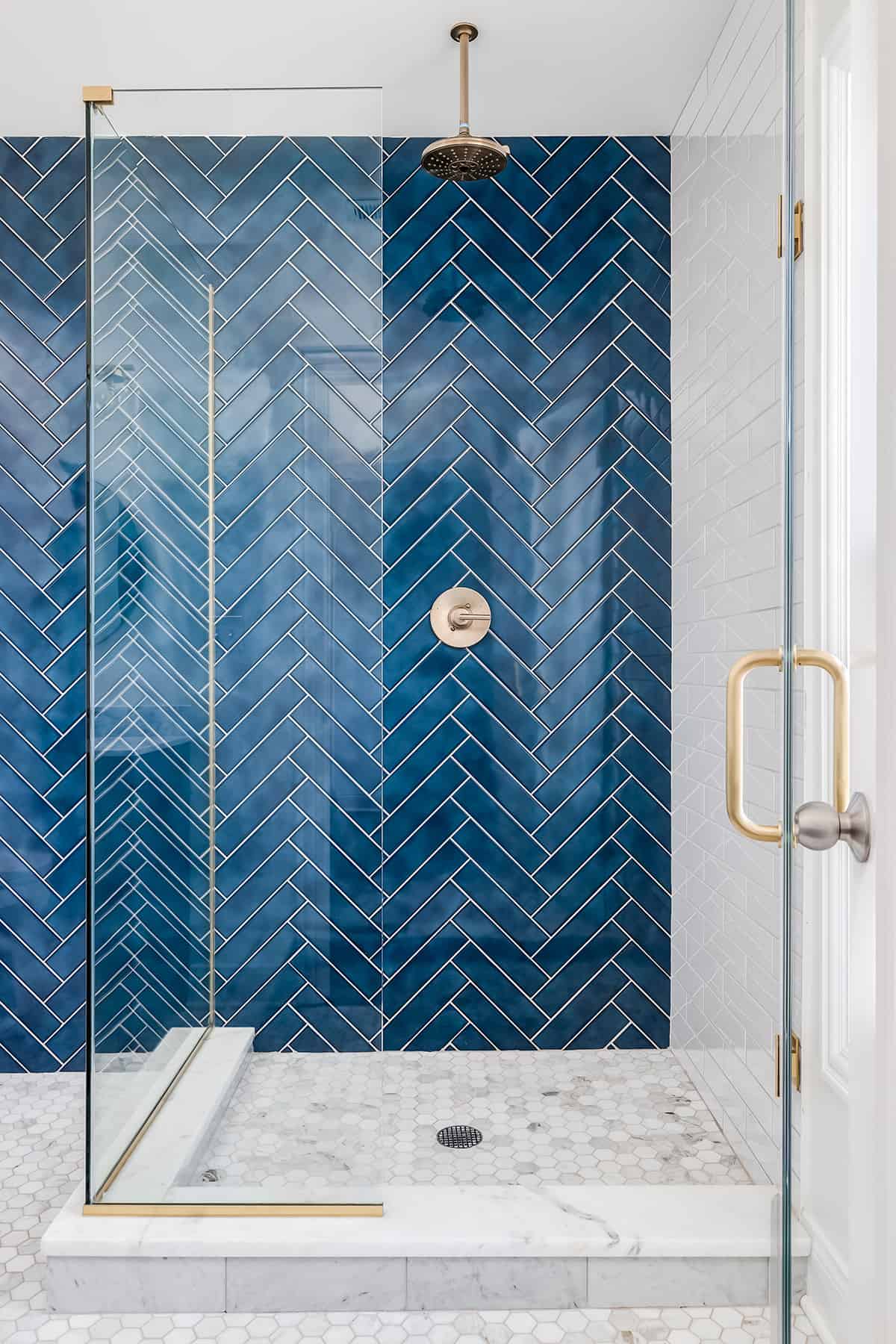 Blue herringbone shower wall focal point.