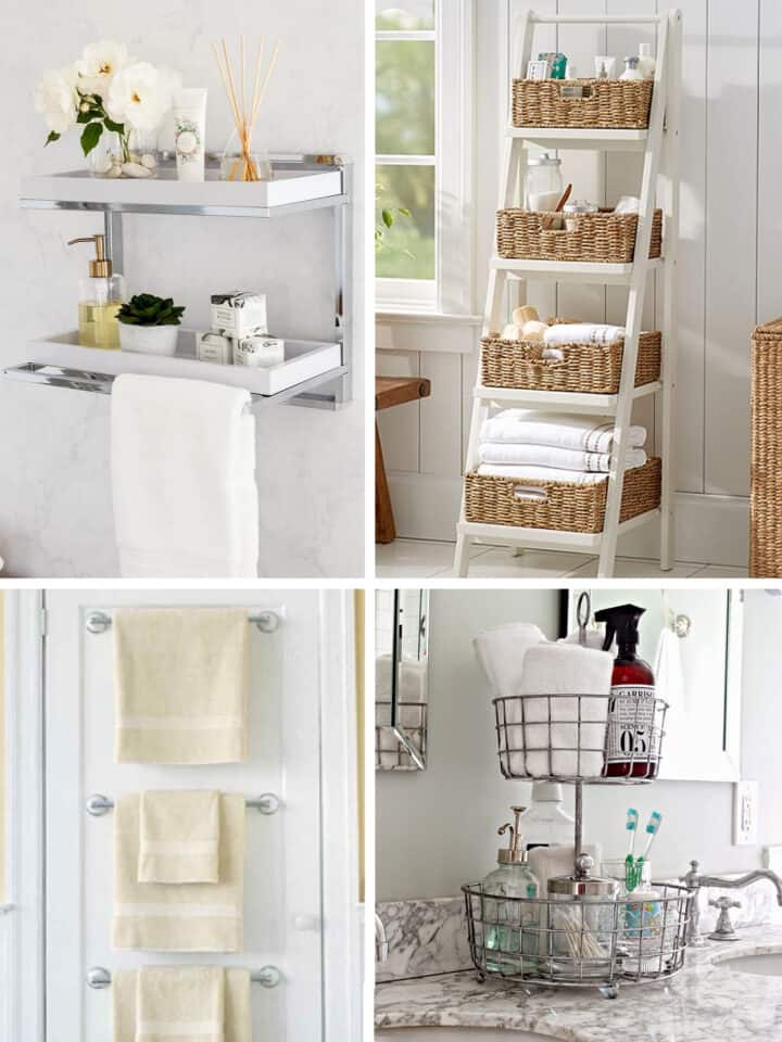 Collage of bathroom organization including shelves on wall, towel bars on a door, a tray on the vanity, and a ladder shelf filled with baskets.