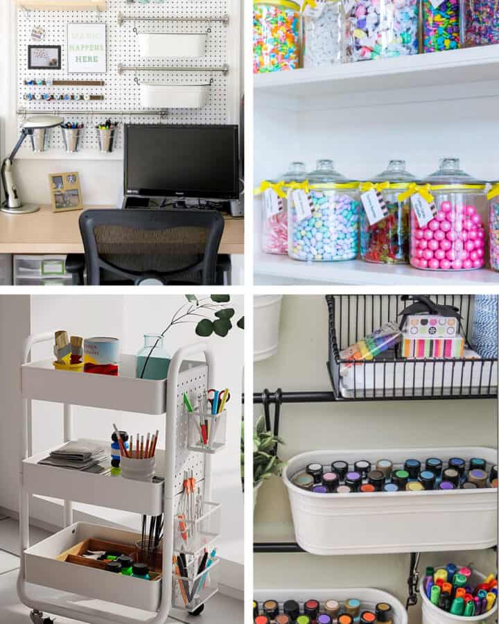 Ideas for crafting materials storage and organization including a cart, bins, and glass jars with labels.
