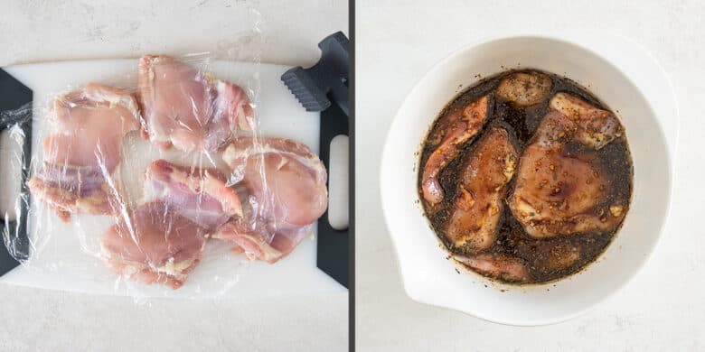 Step by step instructions for marinating chicken including pounding the chicken and putting in marinade.
