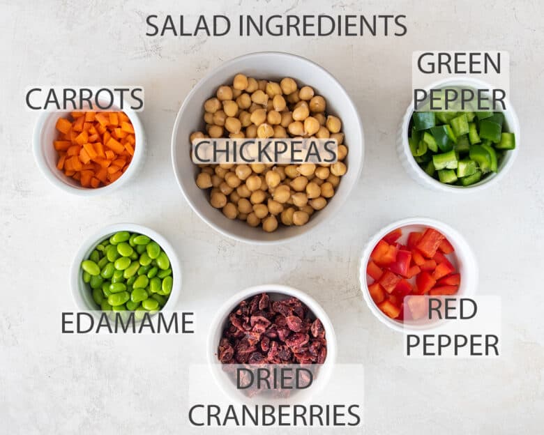 Chickpea salad ingredients with text labels.