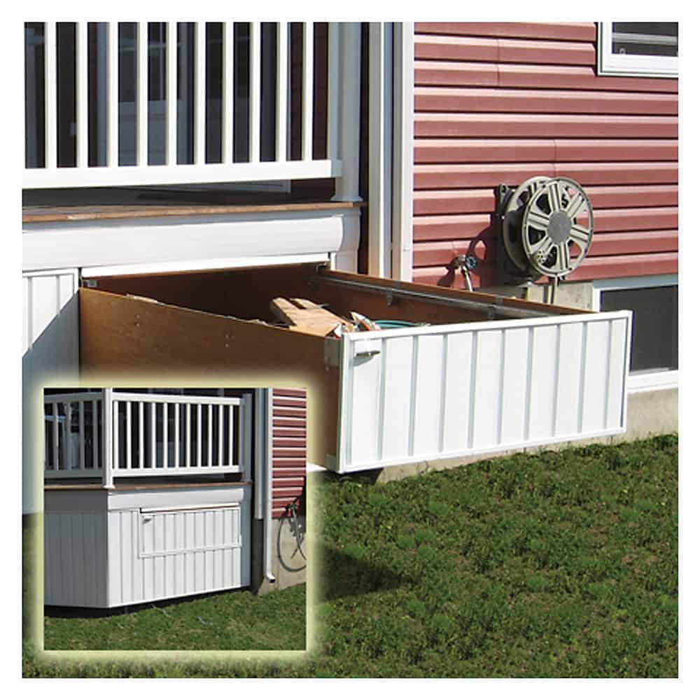 Pull out drawers on the side of a raised deck.