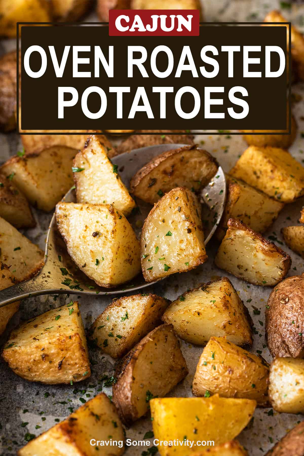 Roasted potato wedges on a sheet pan with seasonings on them. Post title overlaid on top.