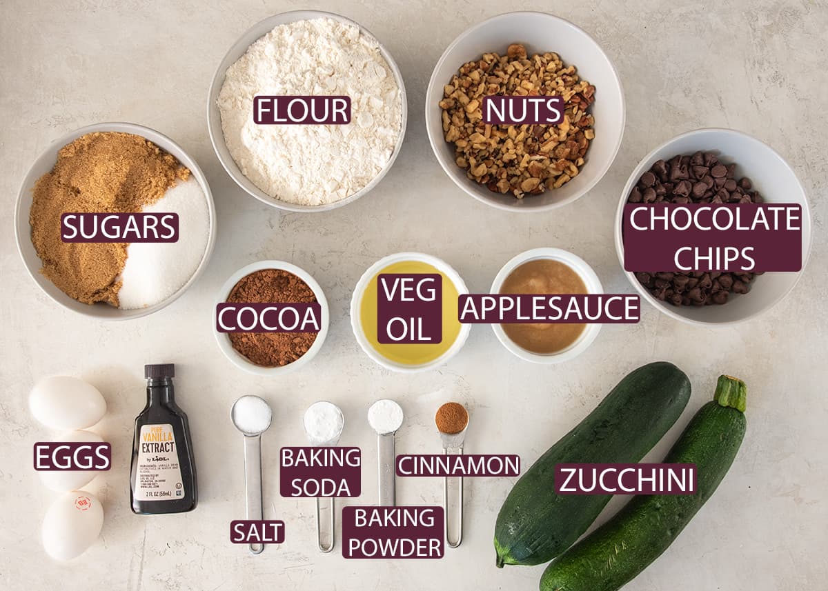 Ingredients for zucchini bread laid out on table with text labels.
