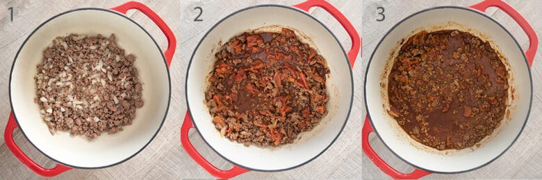 Steps to make chili including browning beef, adding ingredients to pot, and simmering to develop the flavors.
