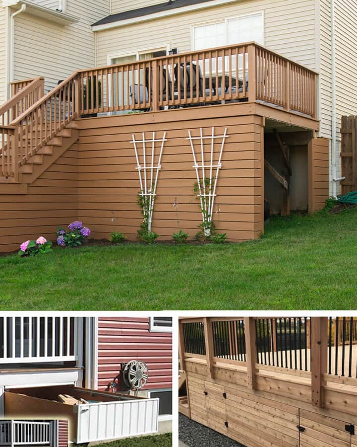 Collage of deck storage ideas including drawers, doors, and a shed.