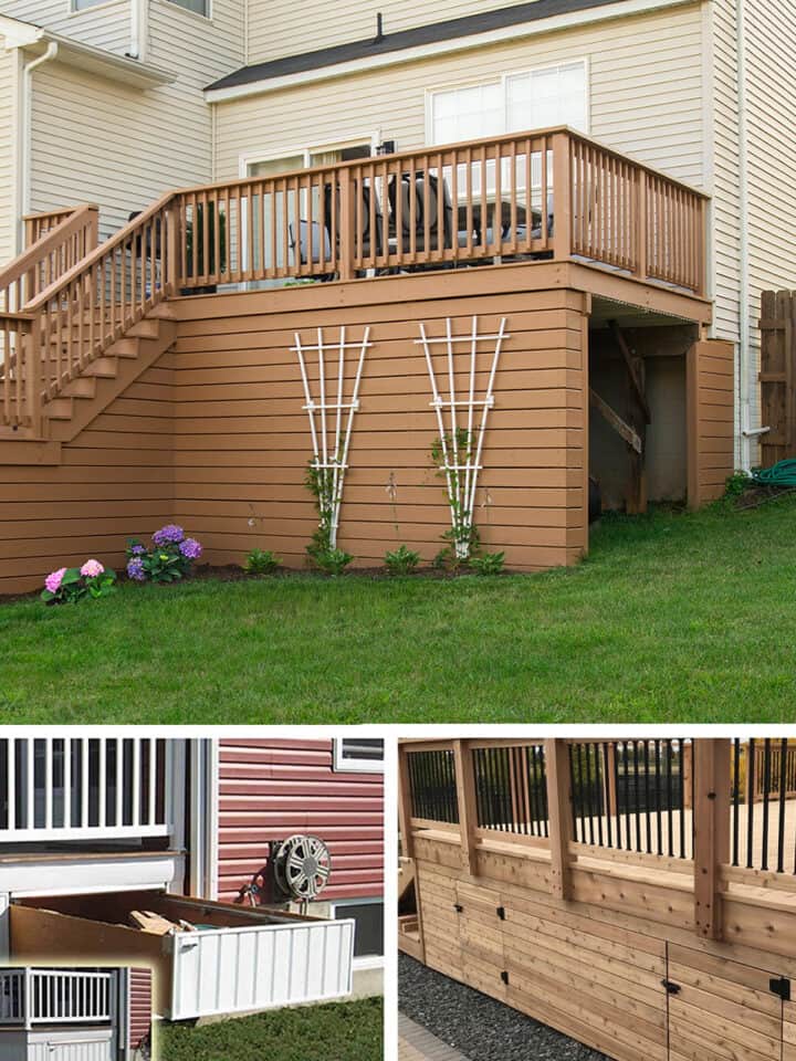 Collage of deck storage ideas including drawers, doors, and a shed.